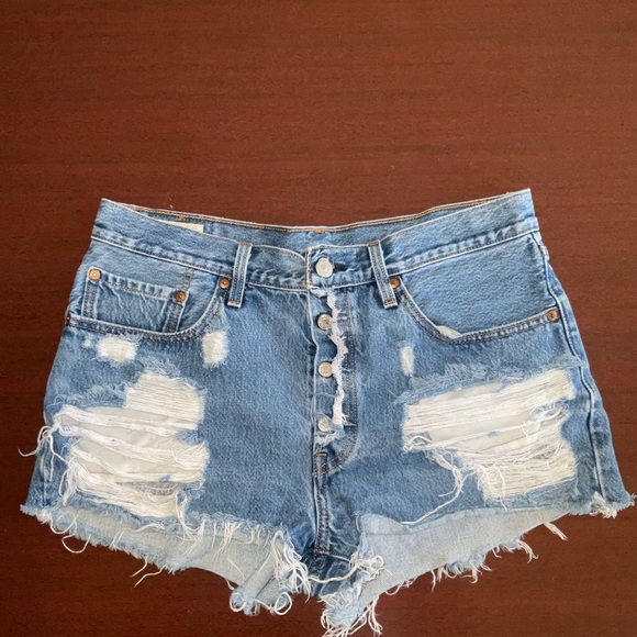 Levi's Blue Distressed Jean Shorts 501 - Picture 2 of 7